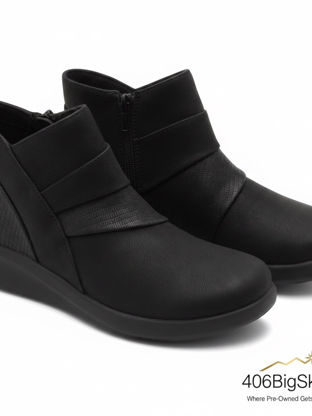 Clarks Black Ankle Wedge Booties with Side Zip